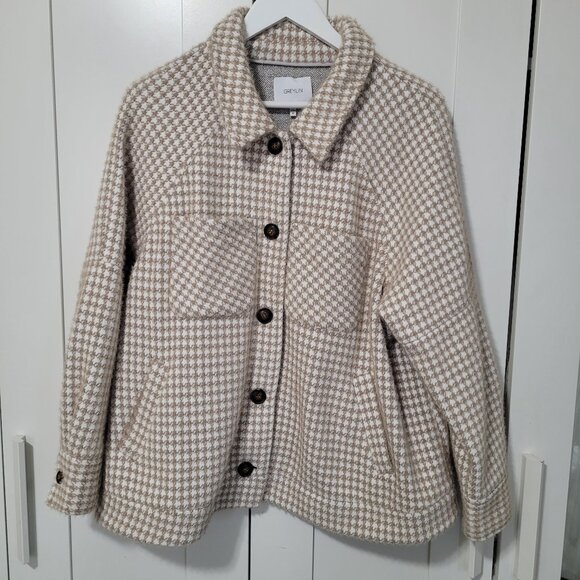 Anthropologie Greylin Houndstooth Shirt Fuzzy Beige White Jacket Blazer - Picture 5 of 9